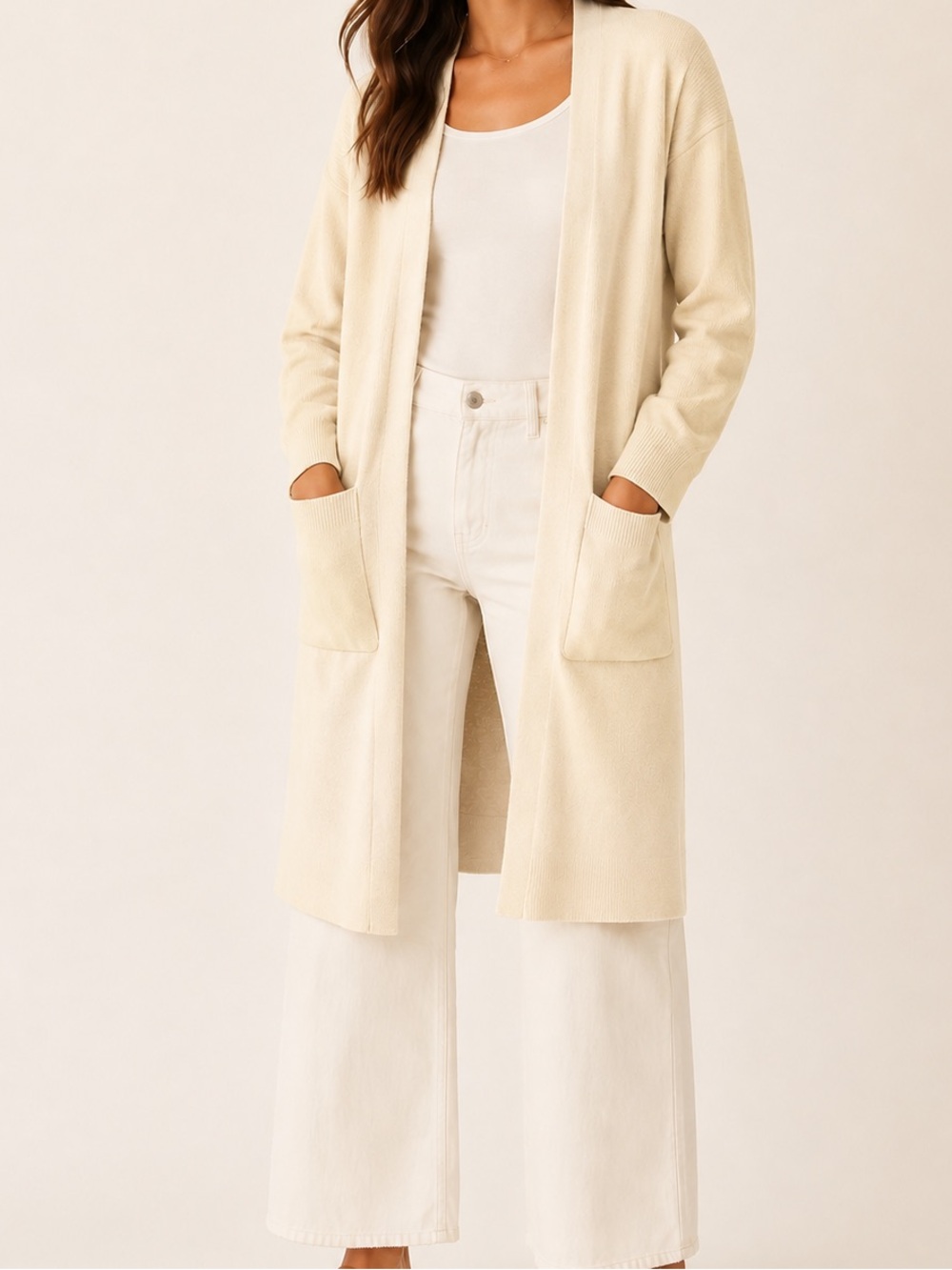 Eileen Fisher Women’s Cream Merino Wool Open Front Cardigan Duster Medium